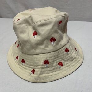 Cream Bucket Hat with Red Mushroom Embroidery